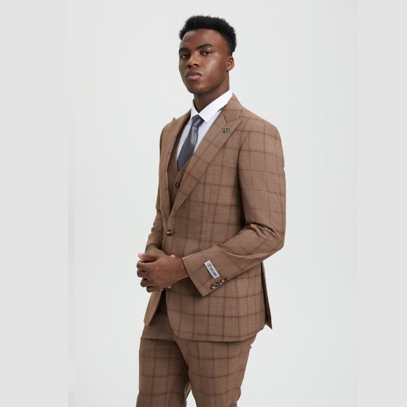 Stacy Adams Windowpane 3pc Men's Suit, Tanned Brown - Picture 3 of 5